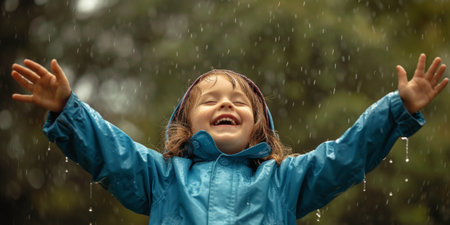Little girl playing in the rain. Cute child having fun outdoors.の素材