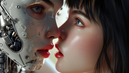 a beautiful girl with black hair kisses a female android with artificial intelligence, posterの素材