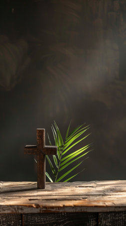 Wooden Christian cross with palm leaf on the tableの素材
