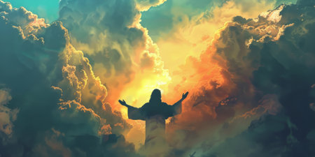 Jesus shadow in the clouds with hands wide openの素材