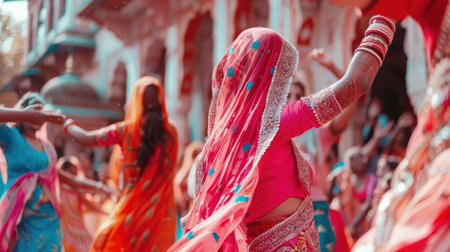 punjabi folk dance, girls in traditional Indian outfits performing energetic Bhangra dance, on Baisakhi holidayの素材
