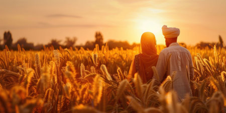 Indian woman and man in a turban stand in the middle of a field with ears of wheat at sunset, the Baisakhi holidayの素材