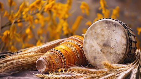 the dhol drum lies on the table next to the ears of wheat, the Indian holiday Baisakhi, posterの素材