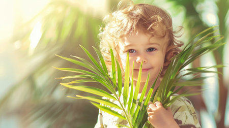 child holding a palm tree fro the palm sundayの素材