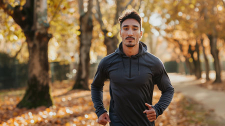 Young man jogging in autumn park. Healthy lifestyle and sport concept.の素材