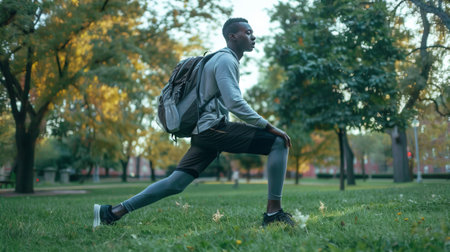 man wearing sport clothes with backpack doing lunges in the parkの素材