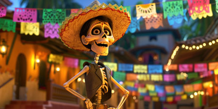 cartoon funny skeleton in sambrero hat standing on a mexican festively decorated street, for cinco de mayo. illustrationの素材