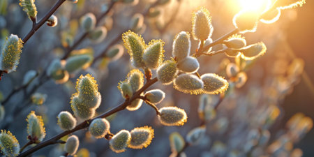 Spring background, the first green fluffy buds swell and bloom willow tree in sunny weather, poster. Highの素材