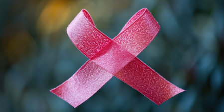 pink silk ribbon, on garden background, concept support and care for people, banner. Highの素材