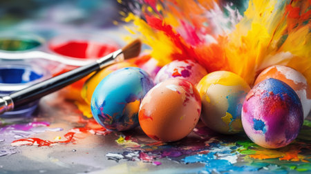 colored easter eggs and oil paints and painting brushes laying on the tableの素材