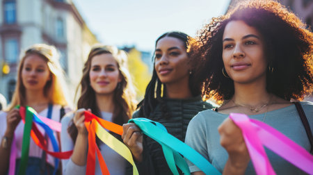 several women holding colored ribbons, in the style of multiculturalism, Peoples' Friendship Day, poster. Highの素材