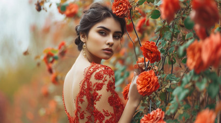 portrait Mexican beautiful girl, fashion model with rosebuds, poster. Highの素材