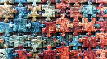 background puzzle pieces in blue and brown tones on a wooden table, connecting to each other, banner, copy space. Highの素材