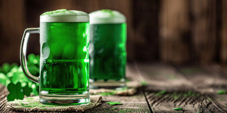 two glasses of green great beer on a wooden background, happy st. patricks day, banner, copy space. Highの素材