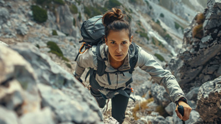 Young woman hiker with backpack and trekking poles climbing on a rocky mountainの素材
