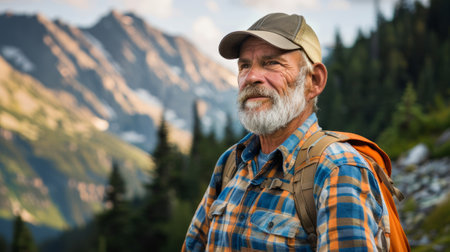 Portrait of a senior man hiking in the mountains. Hiking concept.の素材