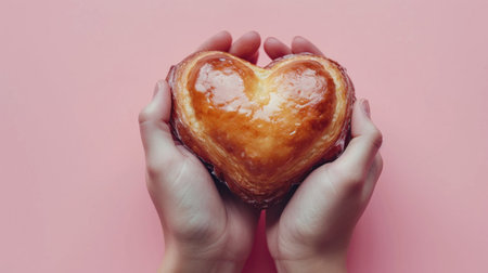 girl holds in her hands a delicious puff pastry in the shape of a heart, pink background, valentines day, banner. Hiの素材