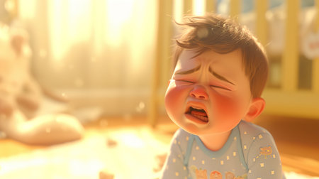 portrait little cute boy child crying in the children's room, cartoon style, background with lights. High qualityの素材
