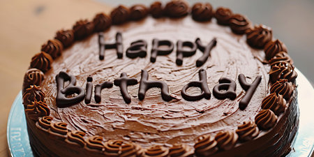 chocolate decorated cake on the plate with congratulations happy birthday, banner. Highの素材