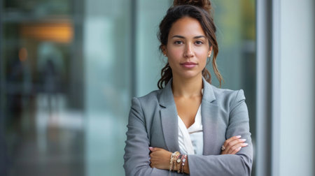 confident and independent beautiful business woman against the background of an office building, banner, poster. Higの素材