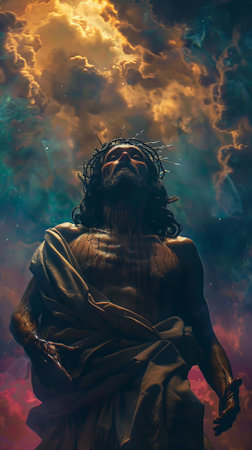 Jesus Christ looking up, warm sun rays shining through the cloudsの素材