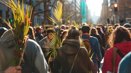 people marching in the city with palm branches for the palm sundayの素材