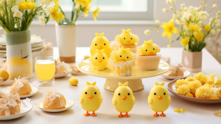 easter decorated table with chick shaped dessertsの素材