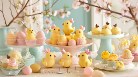 easter decorated table with chick shaped dessertsの素材