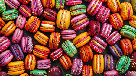 background, full frame image of many colorful French macaroons from directly above. banner . Highの素材