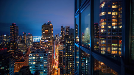 landscape of a night metropolis from a multi-story building, poster, copy space. Highの素材