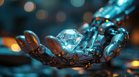 close up robot hands holding beautiful diamond, banner, poster. Highの素材