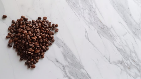 scattered coffee beans on the surface of white granite in the shape of a heart, banner, copy space. Highの素材