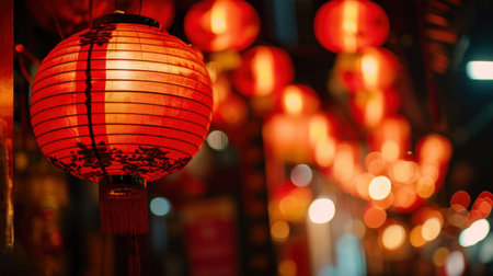 red paper chinese lanterns on the evening festive street, Chinese new year, banner. Highの素材