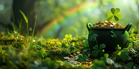 A black cast iron pot of gold with clover leaves at the end of the rainbow, st. patrick day, banner, copy space. Highの素材