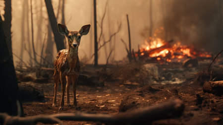 Deer on a background of burning forest. animal in the midst of fire and smoke, protect the environment, copy space. Hiの素材