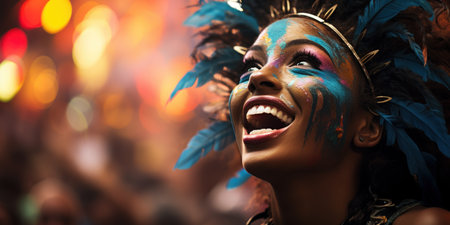 beautiful brazilian girl at the carnival in Rio de Janeiro, with a wreath with blue feathers, poster, banner. Highの素材
