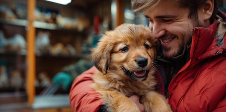happy guy adopts and hugs a cute joyful puppy from an animal shelter, banner, copy space. Highの素材