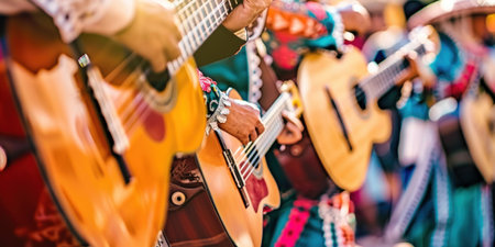 Mexican musicians in traditional outfits play guitars on the street, mexican holiday background for Cinco de Mayo. Highの素材
