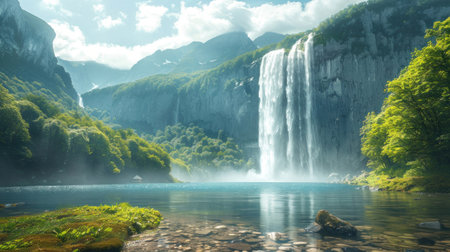 landscape of a beautiful waterfall with azure river, steep rocks, mountains and trees, wonderful place, poster. Hiの素材
