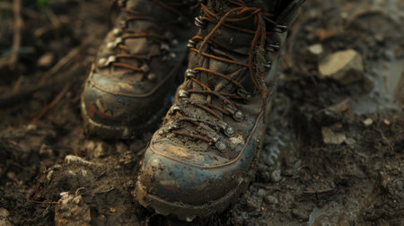 Close up of dirty hiking man's boots.の素材