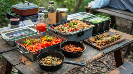 Camping breakfast served on the wooden table, bonfire and camp tent on the background.の素材