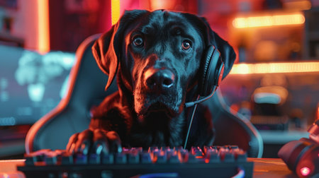 surprised black dog gamer enthusiastically plays in a gaming chair with a headset on his head, neon backlit keyboard. Hiの素材