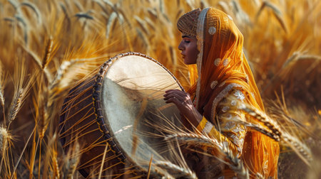 beautiful indian girl in a wheat field with a big drum, for holiday Baisakhi, banner. Highの素材