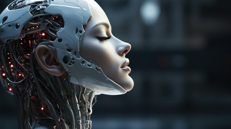 beautiful android girl with artificial intelligence, on blurred factory background, poster, copy space. Highの素材