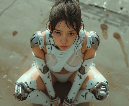 beautiful very cute android girl with blue hair sitting on the road, top down view looks at the camera, poster. Highの素材