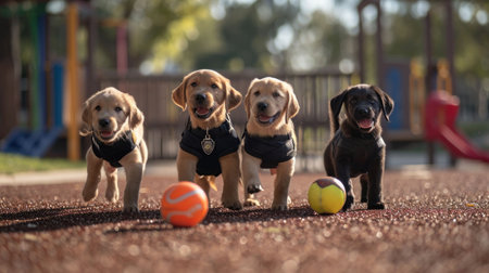 four cute golden retriever puppies in police uniform playing with a ball, banner, posterの素材
