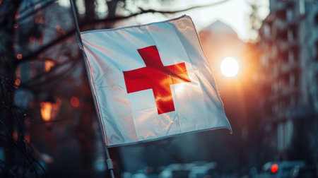 white flag develops on the morning with a red cross, against the backdrop of the city landscape, World Red Cross day. Hの素材