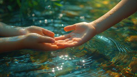 wet palms of two people over beautiful clean water, water conservation idea, World Water Day concept, banner. Highの素材