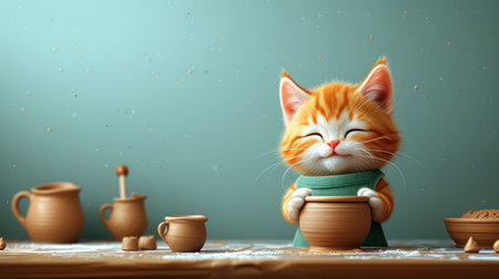 cartoon red happy cat in an apron a clay pot in a pottery studio, on a blue background, copy space. Highの素材