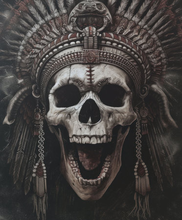 evil screaming ancient skull of an Indian chief with a wreath of feathers on his head, poster. Highの素材